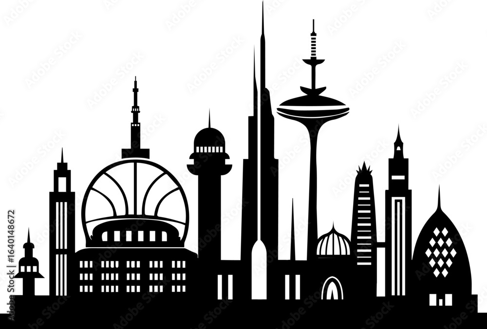 Fototapeta premium Futuristic sci-fi city skyline silhouette on white background for vector design, print, and cut files