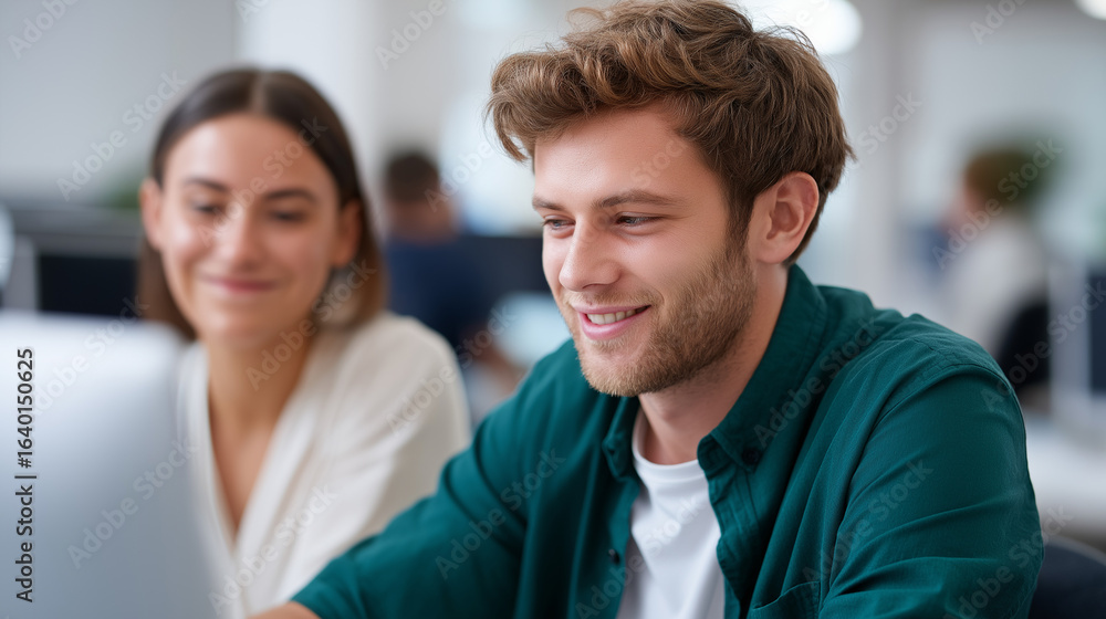 Graphic designer provides constructive feedback to smiling intern in agency Graphic designer provides constructive feedback to smiling intern in agency