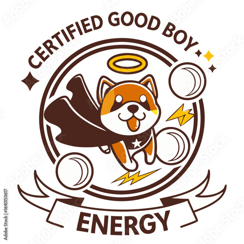 Cartoon dog flying with energy in a playful badge design