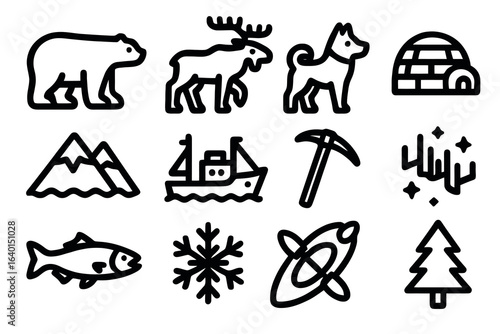 Black Alaska icon set with 12 wildlife, nature, and culture symbols. Perfect for travel guides, outdoor brands, and tourism projects