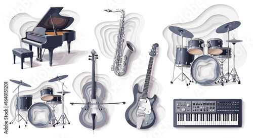 Collection of musical instruments including piano and drums displayed