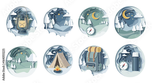 Collection of wintery exploration icons with various campsite scenes