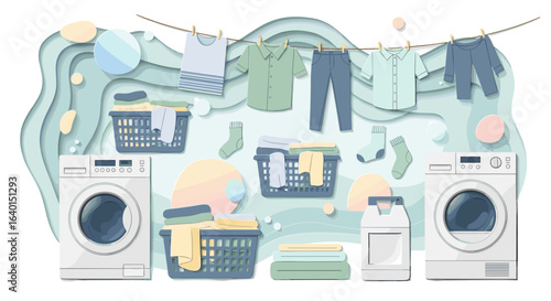 Laundry room with appliances and clothes hanging on a drying line