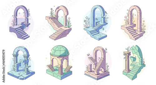 Collection of isometric fantasy gateways in pastel color variations