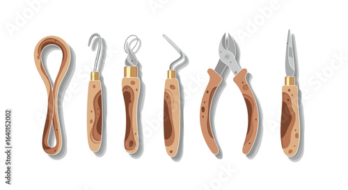 Sculpting tools vector illustration set with wooden handles and metal carving instruments
