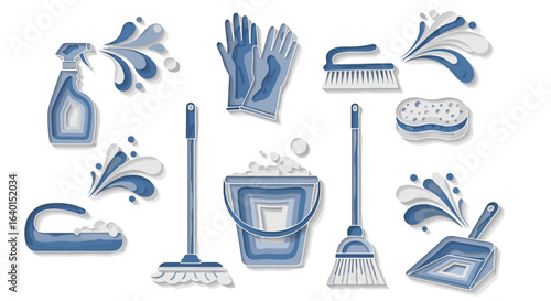 Various blue and white cleaning supplies arranged on a white background