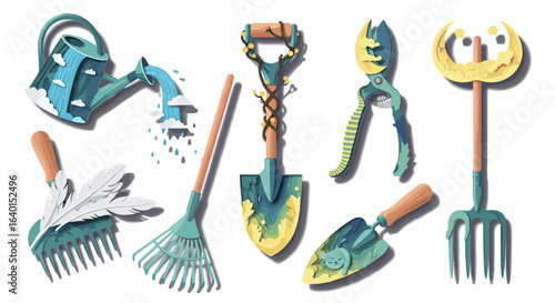 Collection of various garden tools with colorful wooden handles