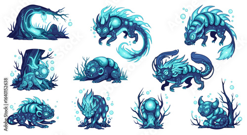 fantasy creatures and dragons in vibrant blue hues and intricate design
