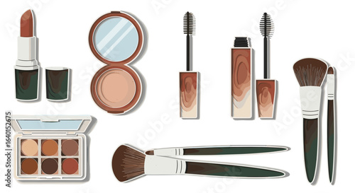Assorted makeup products including brushes, lipsticks, and more