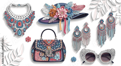 Elegant accessories assortment with floral patterns and jewel designs