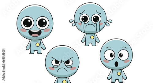 Cartoon crying faces vector set with emotional round characters showing sadness and tears