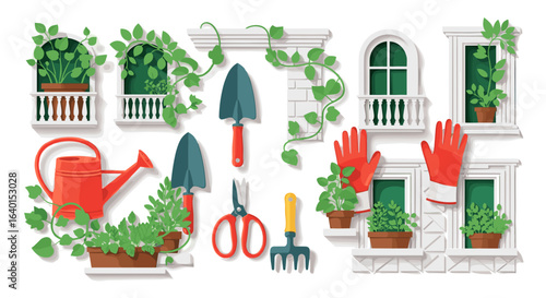 Gardening tools and plants in front of a charming white building facade