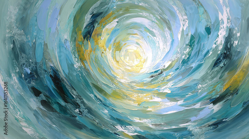 Abstract painting with swirling blue, green, and yellow brushstrokes, creating a fluid and dynamic sense of motion and light