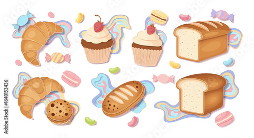 Wallpaper Mural Various types of pastries and breads with colorful background design Torontodigital.ca