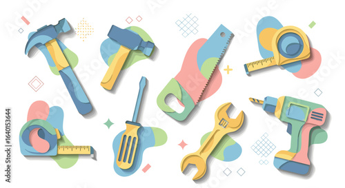 Colorful illustrated tools scattered on a pastel abstract background