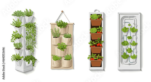 Vertical garden planters filled with various green plants and herbs