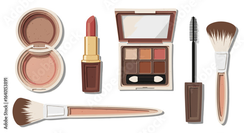 Variety of makeup products including brushes and eyeshadow palette
