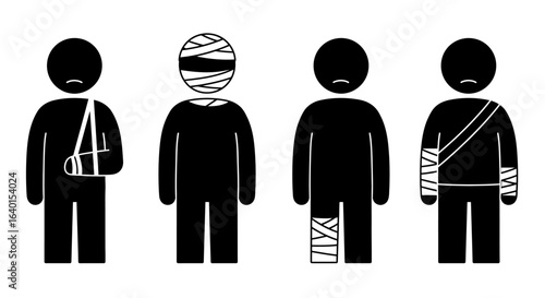 Illustrations of four figures with various injuries and medical bandages depicting physical harm and recovery efforts