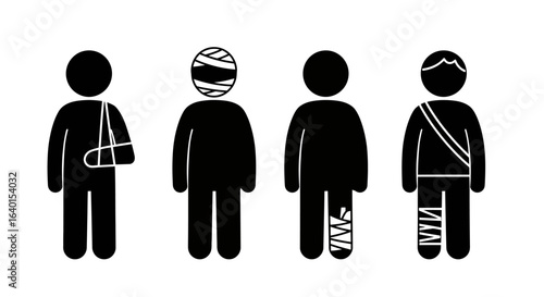 Collection of stick figure medical injury icons representing different types of physical harm and recovery processes with bandages and slings