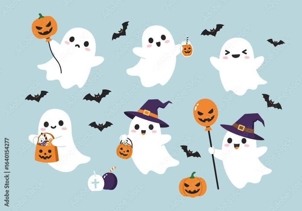Naklejka premium Adorable ghosts in Halloween costumes holding pumpkins and candy bags surrounded by bats in a festive and spooky scene perfect for seasonal decorations and celebrations