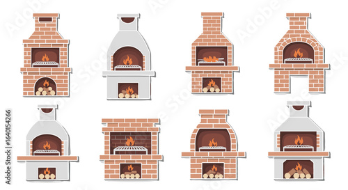 Outdoor brick oven vector illustration with rustic masonry fireplaces for cooking and backyard pizza party