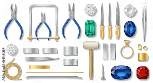 Jewelry making tools and gemstones arranged on a white background