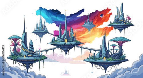 Futuristic floating cityscape with colorful sky and clouds visible
