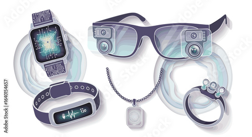 Futuristic wearable tech gadgets glasses watch ring bracelet shown