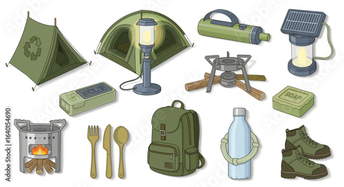 Collection of camping gear and equipment essentials for outdoor trips