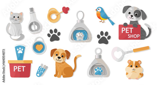 Colorful pet shop icons featuring various animals and pet supplies
