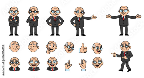 pixel art businessman with multiple expressions and gestures shown