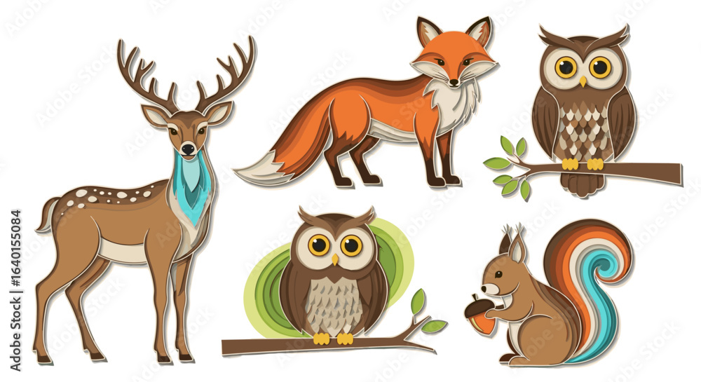 Naklejka premium Colorful illustrations of forest animals including owl and fox