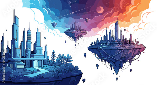 Futuristic cityscape with vibrant sky and floating structures view   