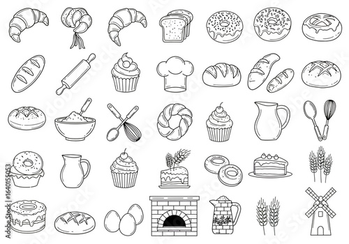 A Collection of Hand Drawn Bakery Items and Baking Tools Perfect for Culinary Designs and Food Themed Projects