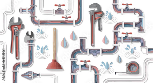 Complex network of plumbing pipes with tools and water droplets