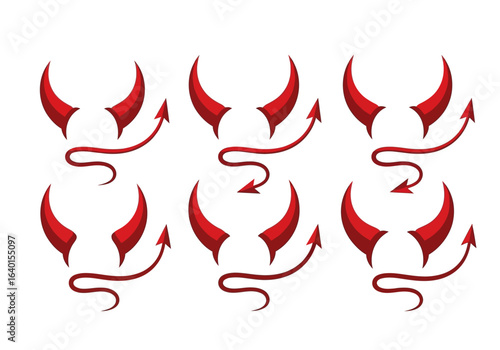 Red Devil Horns and Tails Illustrated Set for Halloween Costume Design and Spooky Themed Art Projects