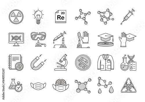 Collection of Science and Research Icons Representing Diverse Fields of Scientific Endeavor and Discovery