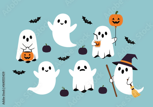 A Spooky and Adorable Gathering of Friendly Ghosts Celebrating the Halloween Season with Pumpkins Bats and Candy