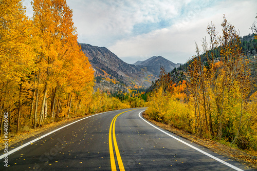 Papier peint Scenic autumn landscape on South Lake Road near Bishop, California, with golden fall foliage lining the curved mountain road under a dramatic sky