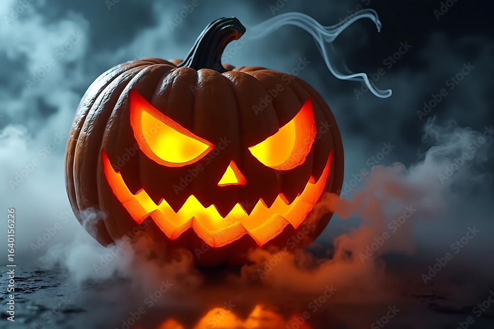 Naklejka premium Illuminated Jack O Lantern with Smoke Effect for Autumnal Decor and Festive Atmosphere on Dark Background