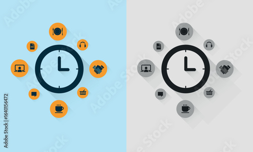 Daily Routine Clock Infographic with Activity Icons in Color and Monochrome. Vector illustration set.