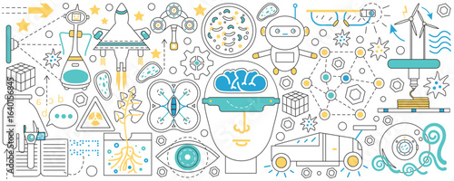 Future technology, tech thin line products, machines and tools vector illustration. Abstract science hightech innovation, drone and VR glasses, driverless car and global virtual reality background