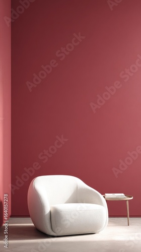 Minimalist Interior with Luxurious Cream Chair and Bold Red Wall Accents Bringing Sophistication to the Room