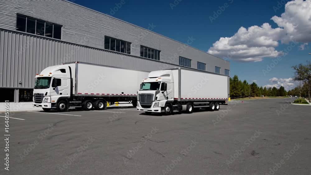 Large trucks parked at loading dock during clear day with blue skies in industrial area Large trucks parked at loading dock during clear day with blue skies in industrial area