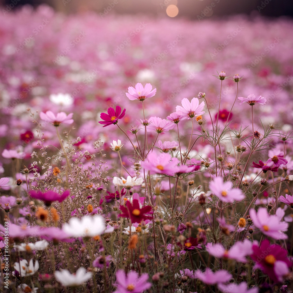 Obraz premium Dreamy Cosmos Flower Field in Full Bloom Spring Meadow Landscape Scenic Floral Photography Soft Focus Background Calm and Relaxing Ambiance