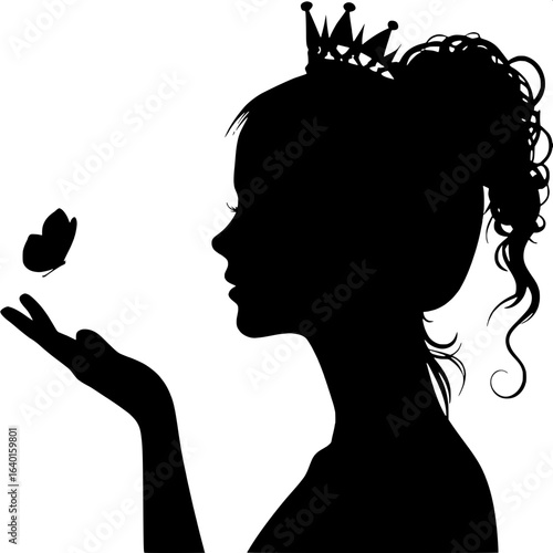 "Graphic silhouette: teenage girl with crown, profile facing right, hair tied in bun, reaching hand toward delicate butterfly, high-contrast black and white, off-center to left, minimalist composition