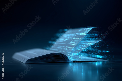 An open book with digital code pouring out from its pages, representing the intersection of knowledge and technology. The scene is bathed in a futuristic, glowing blue light.