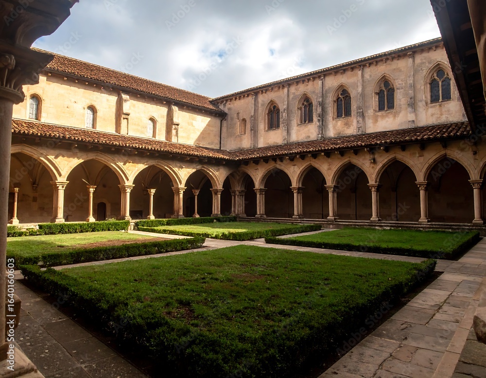 Fototapeta premium Ancient cloister courtyard, sunlight