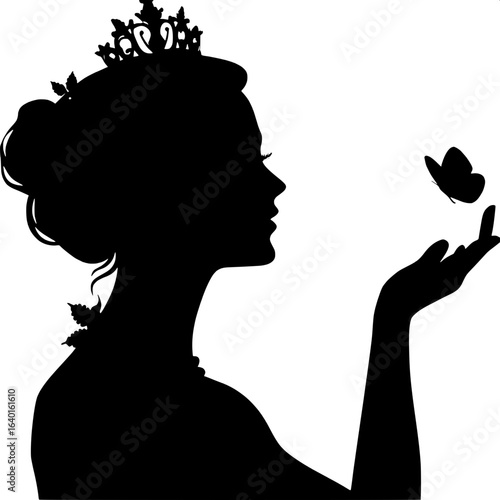 "Stylized silhouette art: crowned woman in profile with hair bun, reaching toward a small butterfly, minimalist black shapes on pure white background, balanced and elegant design"