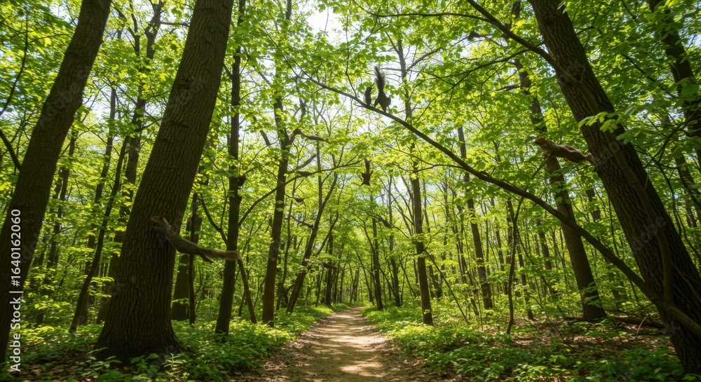 Naklejka premium The Enchanted Trail: A sun-dappled path invites exploration through a vibrant forest, the verdant canopy of leaves creating a magical, immersive experience of nature.
